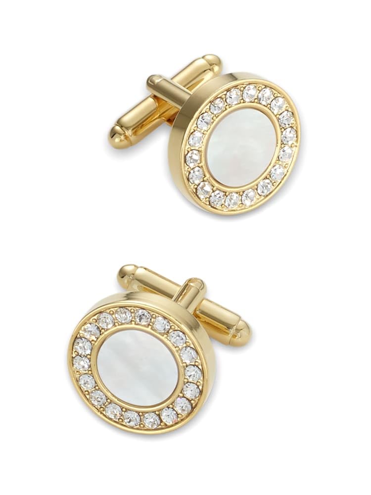 Paul Fredrick Men's Mother of Pearl Crystal Round Cufflinks Gold 000 CA0650P