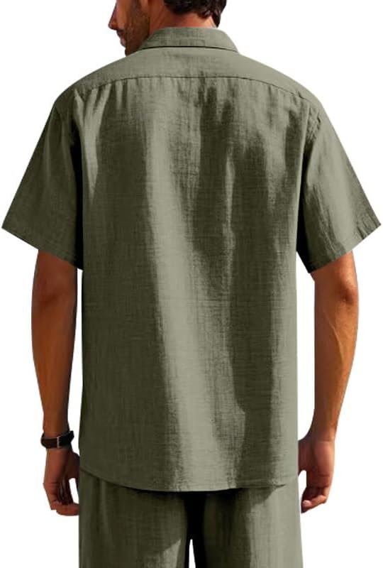 Men's Linen Shirt - Short Sleeve Button Down Collar Solid Casual Shirts with Pocket for Vacation Business - Image 3