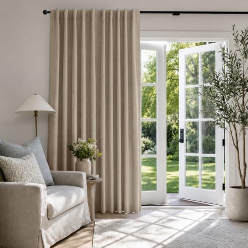 Image of Linen Textured Blackout Sliding Door Curtains 90 Inch Long Burlywood Birch | 100% Blackout Shield Back Tab /Rod Pocket Sliding Door Curtains, Thermal Insulated Curtains 1 Panel Set, 100 inchW x 90 inchL