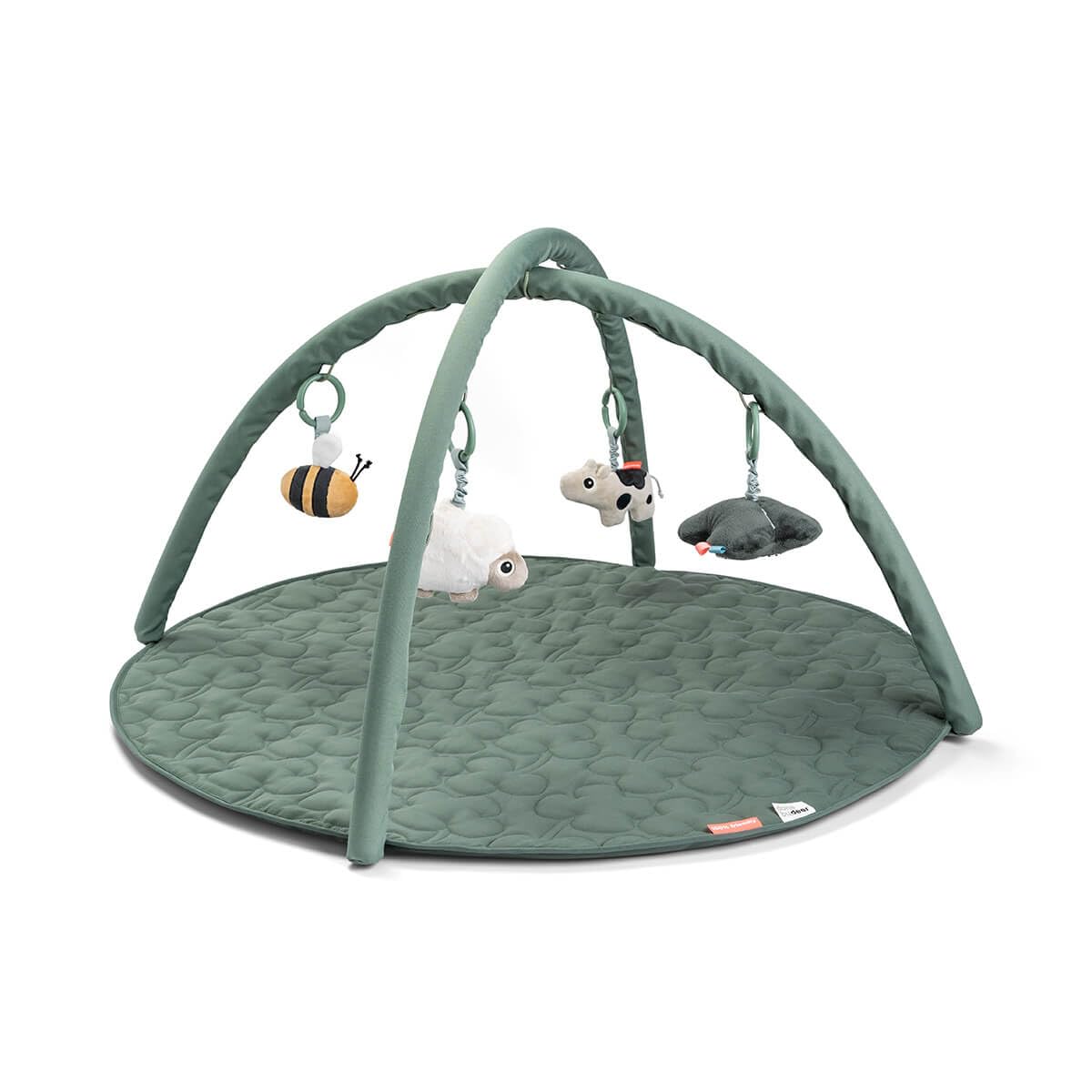Done by Deer Tapis d'éveil Tiny Farm avec arches – Jouets sensoriels (hochet, clochette, papier bruissant & miroir) ajustables et détachables – Motifs verts contrastés – 0+ mois