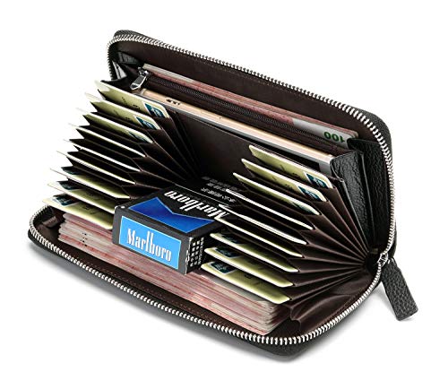 BISON DENIM Mens Credit Card Wallet Long Wallet Genuine Leather Billfold Zip Around Checkbook Wallet 18 Credit Card Slots