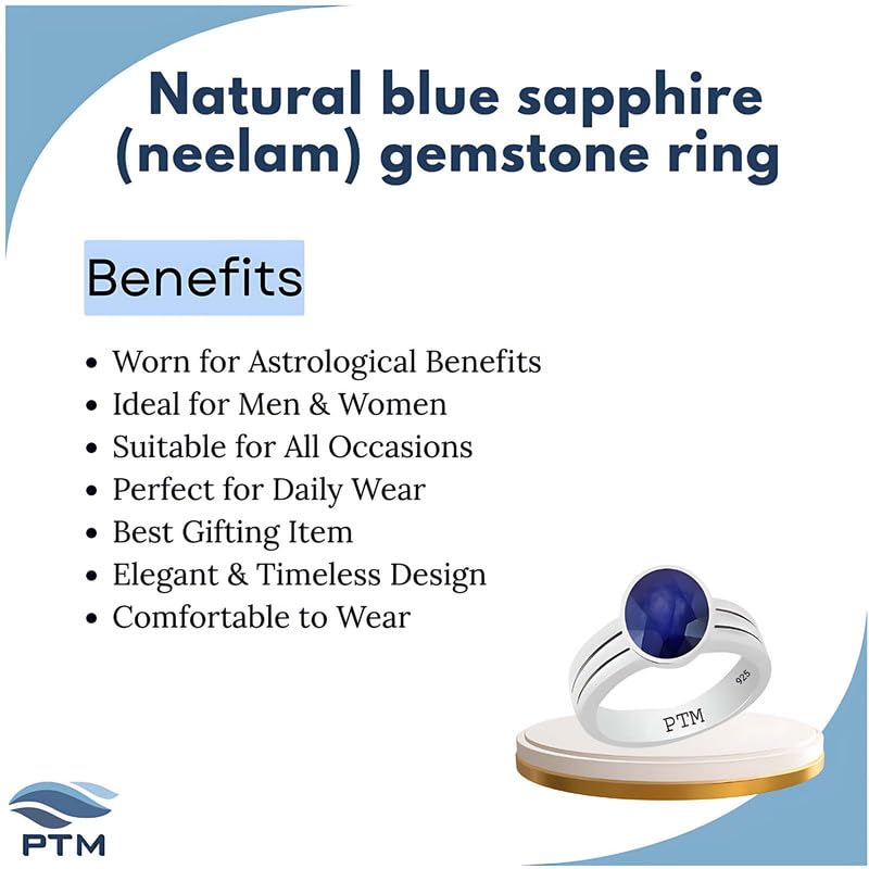 Image of Natural Blue Sapphire 3.25 Ratti to 10.25 Ratti or 3 Ct to 9.5 Carat Astrological Certified Gemstone Sterling Silver bis hallmark Ring for Unisex