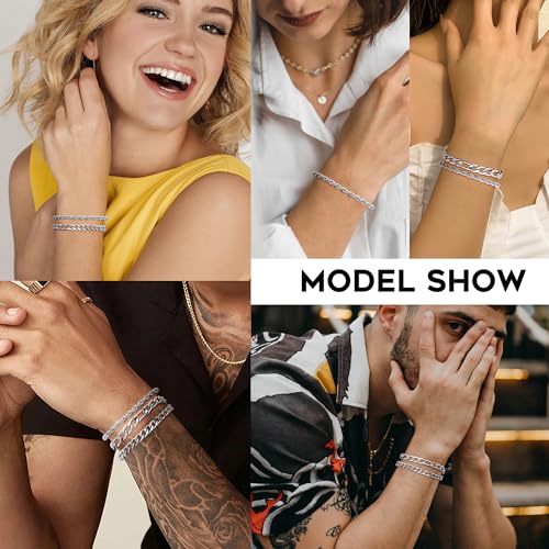 LOYALLOOK 3Pcs Chain Bracelets for Men, 316L Stainless Steel Figaro Rope Cuban Link Bracelet for Men Women Silver Plated, Gifts for Dad Husband 8.3 Inches by LOYALLOOK - Image 4