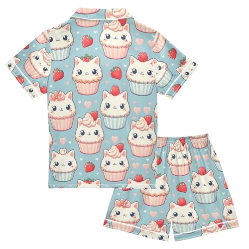 ALAZA Cat Cupcake Strawberry Pajamas Satin Pajama Set Short Sleeve Button Down Sleepwear2