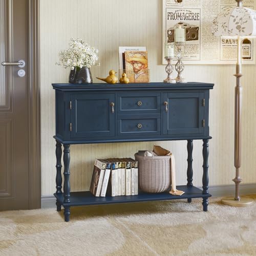MROJISC Mesa consola con cajones y armario de almacenamiento, madera azul, mesa consola estrecha con cajón, mesas consola para salón, entrada, pasillo, dormitorio