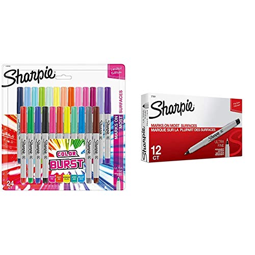 Sharpie 1949558 Color Burst Permanent Markers, Ultra Fine Point, Assorted Colors, 24-Count & Permanent Markers, Ultra Fine Point, Black, 12 Count