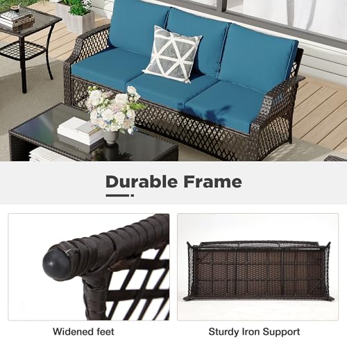 Image of HOMREST Wicker Patio Furniture 3-seat Sofa，Outdoor Seating Couch with Cushions, All-Weather Patio Couch for Porch, Poolside, Garden, Deck(Turquoise)