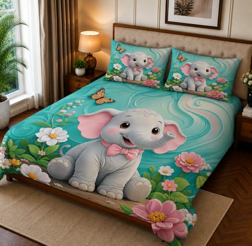 Image of 7D Digital Printed King Size Bedsheet with 2 Pillow Covers | Soft Premium Cotton Feel Microfiber Double Bed Bedsheet |Breathable,Wrinkle Free&Fade Resistant|(Blue Elefant, KingSize-225x250CM)