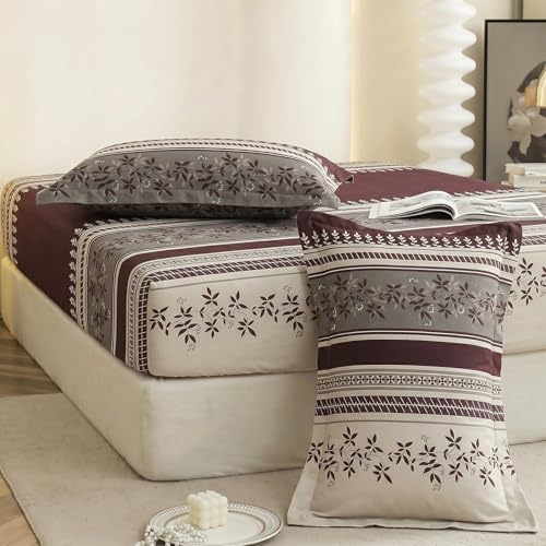 Image of IVAZA Ezyption Cotton Super Soft 240 TC Elastic Fitted All Around Elastic Printed King Size Double Bed Bedsheet with 2 Pillow Cover 72 inch X 78 inch3 Wine Floral