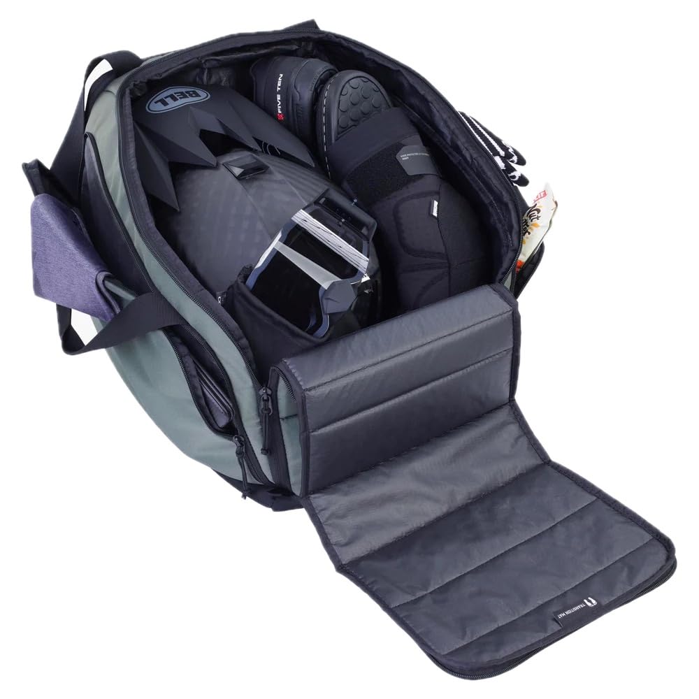 EVOC 35L Water-Repellent Gear Bag with Durable Olive Material, Versatile Backpack Design, Water & Dirt-Resistant Compartments, Shoe Storage, Organizer Pockets, and Stowaway Shoulder Straps for Cycling