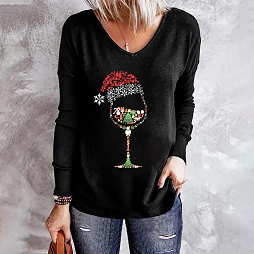 2022 V Neck Long Sleeve Shirts For Women Long Sleeve Sunshine Graphic Tee Shirts Baggy Crew Neck Sweatshirt Christmas Hat Wineglass Elk Gonme Graphic Casual Loose Fit Tunic Tops With Pocket1563 #TOP1