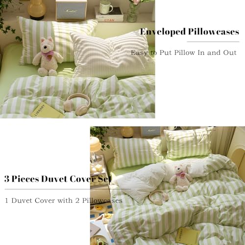 Image of EAVD Retro Green and White Striped Duvet Cover Full Soft Washed Microfiber Boho Vertical Striped Bedding Set with 2 Pillowcases Farmhouse Green Geometric Comforter Cover with Zipper Closure