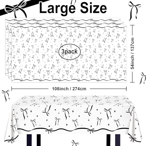 Image of Avezano 3 pcs Black Bow Tablecloths 108 x 54 inch Bow Birthday Decorations Black and White Coquette Plastic Table Cover Disposable Bachelorette Party Supplies