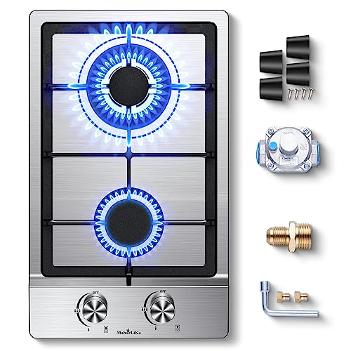Gas Cooktop 12 Inch, Maharlika 2 Burner Propane Stove Bulit-in Gas Stove Top Stainless Steel, 12" Propane Cooktop NG/LPG Convertible Cooktops Dual Fuel, RV Stove Top with Thermocouple Protect