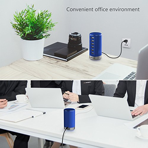 USB Charger Multi Port Wall Charger : Jelly Comb 6 Port USB Desktop Charging Station with Smart Identification for Phones, Tablets, USB Fan, Power Bank and More - Blue