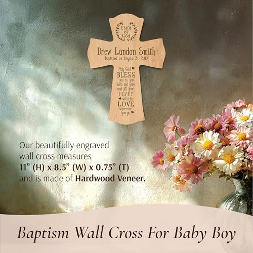 Image of LifeSong Milestones Personalized Baptism 1st Holy Communion Christening Gifts Custom Wall Cross Child of God. May God BLESS you as you learn and grow (Maple) 8.5x11