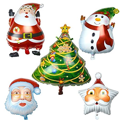 Katoot@ Set of 5 Colorful Assorted Shape Christmas Aluminum Foil Santa Clause Xmas Trees Snowman Balloon Party Supplies Decoration