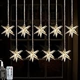 Leejec Moravian Star Curtain Light, Plug in with Remote, 8 Flashing Modes of Warm Light, 9 Silver Stars LED String, Indoor Christmas Decorations, Wedding Party Window Décor