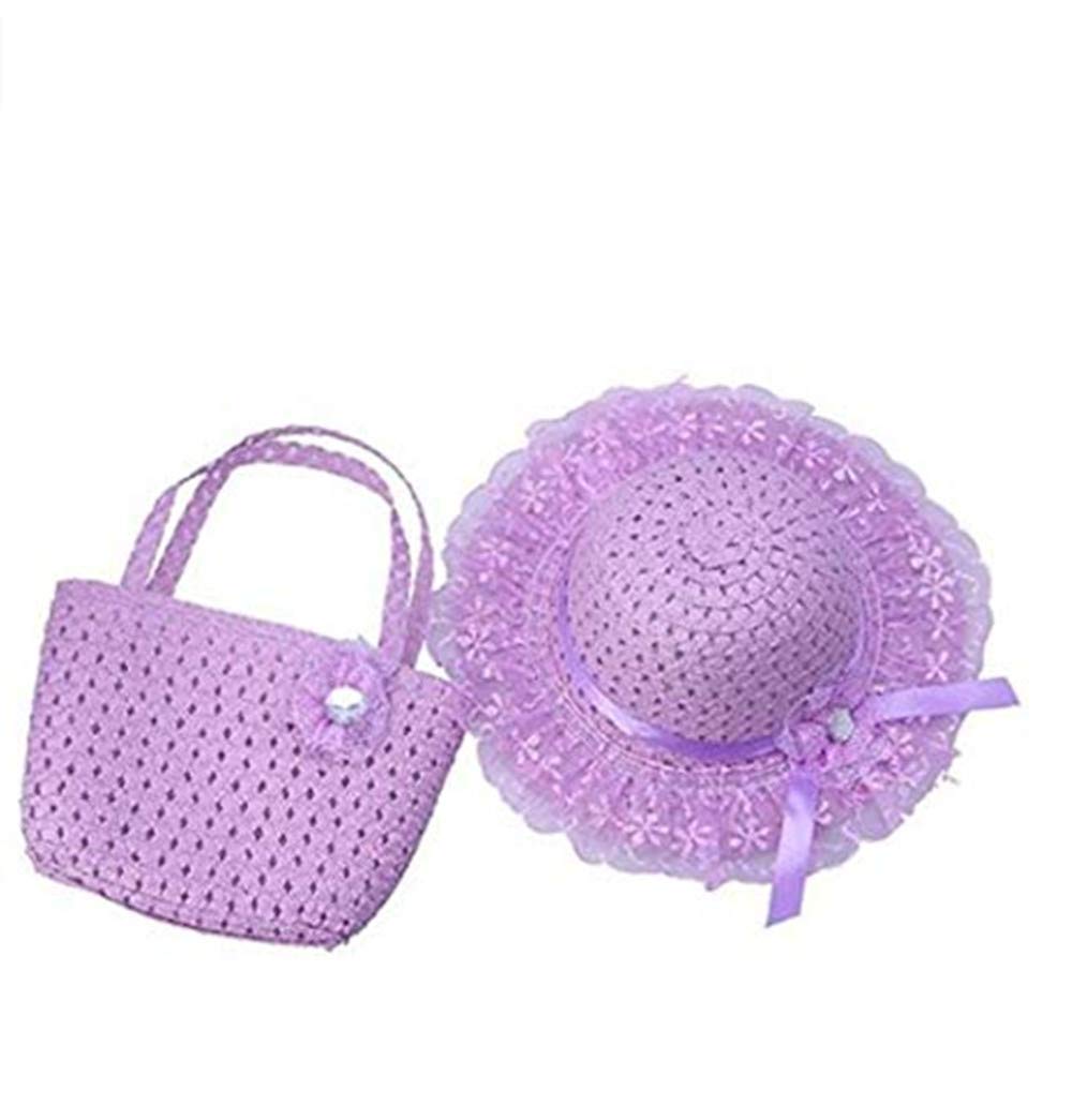 Jiuhexu Kids Straw Sun Hat Handbag Sets Children Beach Caps Prop Outfit 9Colors (Purple)
