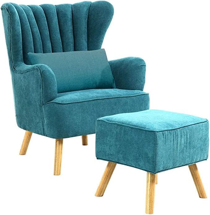 Image of House Solid Wood Wing Chair for Living Room, Arm with Ottoman /Footrest for Bedroom, Velvet Accent Chair with Pouffes, High Back Occasional Tub Chairs with Foot Stool (Blue)