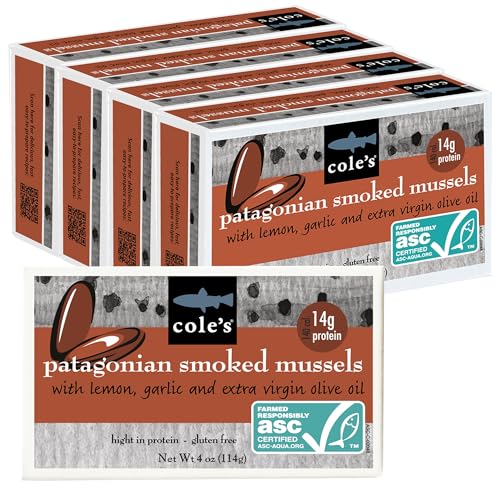 Cole’s Patagonian Smoked Mussels Canned with Lemon & Garlic in Extra Virgin Olive Oil | 4oz Hand-Packed...