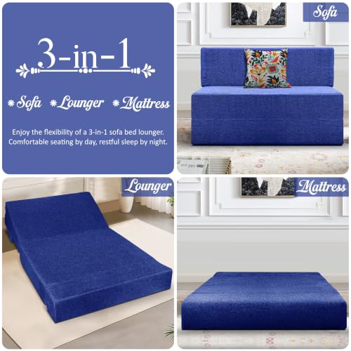 Image of Los Angeles Foldable One Seater Sofa Cum Bed, Sofa Bed 3 X 6 Feet Jute Fabric Washable Cover- Including Cushion Perfect for Living Room - Blue