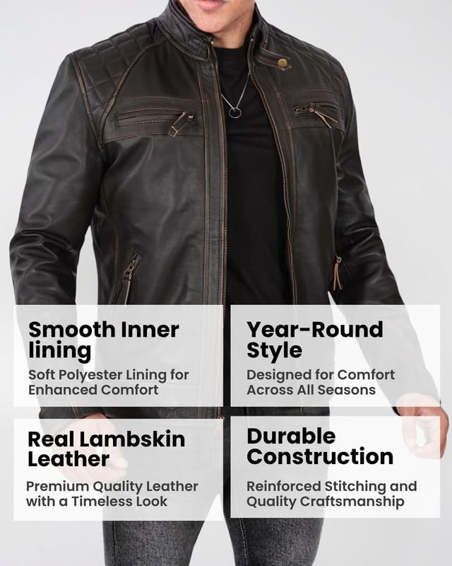 Image of Blingsoul Men's Leather Motorcycle Style Jacket - Quilted Cafe Racer Biker Style Jacket for Men