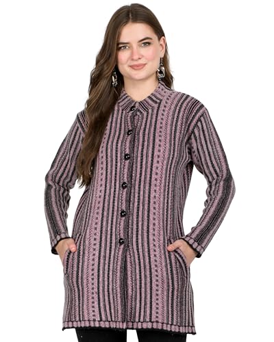 Image of LADYWILLINGTON Women Woolen Long Coat Warm Fabric Cardigan Winter Wear Pure Wool Thick Sweater For Women 100% Rainbow Wool Free Size Cotty With Side Pockets