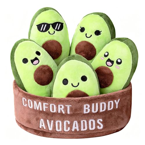 Image of Emotional Support Plush Avocados, Squishy Stuffed Animals and Plushies Set, Includes 5 Emotional Support Food Plushies with Carrying Basket, Cute Stuff and Great Gifts for Women Men