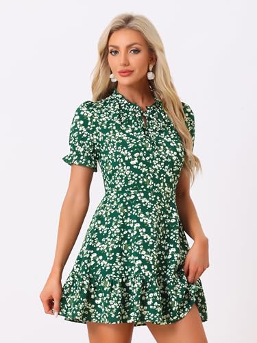 Image of Allegra K Womens Floral Chiffon Mini Dress Ruffle Hem Puff Short Sleeve | Ruffled Tie Neck, Summer Style, Sweet and Chic for Vacation Beach Wear