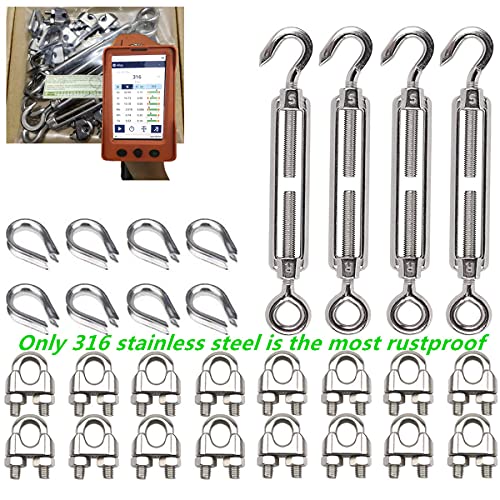 Ingpro 316 Stainless Steel Cable Kit,Globe Lights Kit, 4-Pcs Turnbuckle(Eye&Hook, M5), 16-Pcs Wire Rope Clip Clamp(M3), 8-Pcs Thimble(M3) for 1 8 Inch Wire Rope
