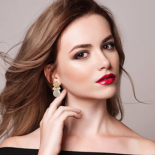 Elexis 18K Gold Big Baroque Pearl Lapis Lazuli Earrings For Women Dangle Handmade Trendy Wedding Freshwater Pearls Hanging Earrings For Girl Engaged Bridesmaid Vintage Hypoallergenic Jewelry Set #TOP4