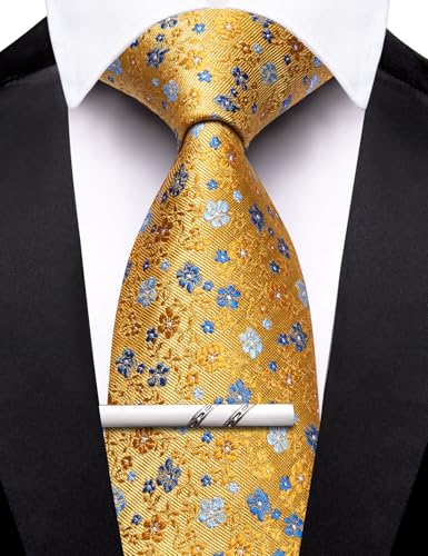 Image of Barry.Wang Floral Ties for Men Flower Necktie with Tie Clip Formal