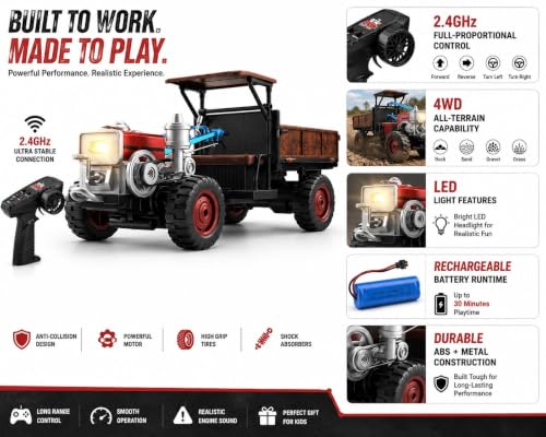 Image of RC Farm Tractor with Trailer Toy | 2.4GHz Remote Control, LED Lights, Smoke Spray, Realistic Sound, USB Rechargeable, Full Proportional Steering
