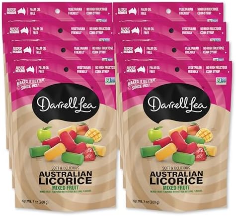 Darrell Lea Soft Australian Licorice, Non-GMO, No Palm Oil, Vegetarian Friendly, No High Fructose Corn Syrup, Soft & Chewy Licorice Candy, Made in Australia (Mixed Fruit, 7 Ounce (Pack of 8))