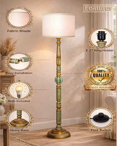 Image of Homesake Royal Carving Antique Algae Finish Wooden Floor Lamp for Living Room | Light Decor for Home Corner Lamp for Living Room Bedroom Floor Lamp, Antique Standing Lamp, KD Off-White Drum Shade