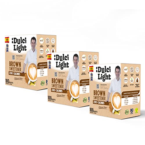 Édulcorant Brun Granulé 0% Calories DulciLight Zero | Pack de 3 x 100 sticks chacun = 300gr | 100% Naturel | Arôme naturel de sucre brun | Substitut de sucre Cover