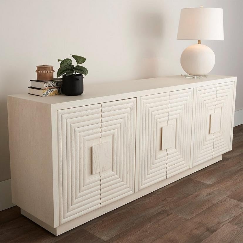 TGF Furniture Store Modern White Sideboard Cabinet – 4-Door Storage Credenza with Geometric Door Pattern, Contemporary Buffet Cabinet for Living Room, Dining Room & Entryway-image-33