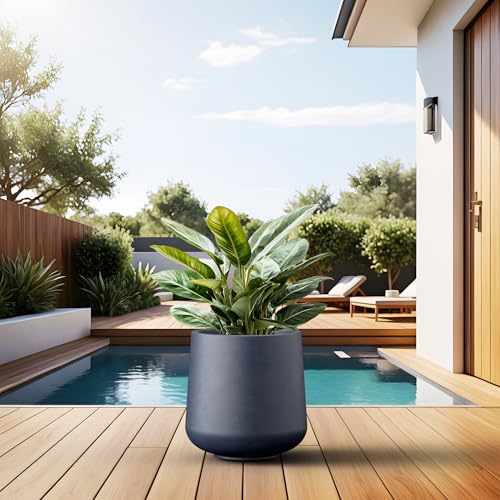 Image of Kante Accent Round Curved Charcoal Concrete Planter 13 inch Dia, Outdoor | Rubber Plug for Indoor, Drainage for Garden, All-Weather Cement Flower Pot, Handcrafted, Anti-Frost & UV, Modern Home Decor