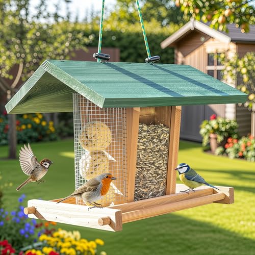 zooprinz Vogelhaus zum aufhängen – Vogelfutterspender mit stabilen Sitzstangen und Schutz-Dach für Wildvögel – witterungsbeständig und langlebig – Mit Seil