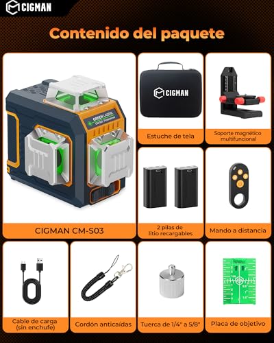 Miniatura 9 de Cigman Nivel Láser Autonivelante 360 Grados Verde, 3x360 Líneas, Pantalla Lateral Lcd, Control App Y Remoto, 2 Baterías Recargables, Usb-C, Trípode Y Estuche Nivel Láser 360 Profesional