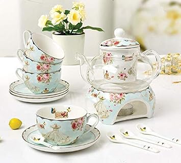 Bone China Coffee Pot Teapot with Warmer and Tea Infuser- Rose and Dress Design