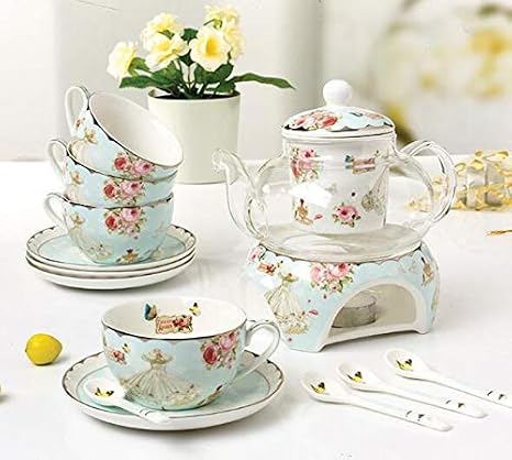 Bone China Coffee Pot Teapot with Warmer and Tea Infuser- Rose and Dress Design