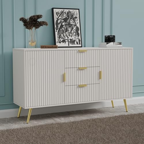 Image of Wooden Sideboard Cabinet for Living Room | Side Board with 3 Drawers & 2 Doors Cabinet Storage for Dining, Drawing and Home Office | HDMR Premium Wood & Iron | White & Golden