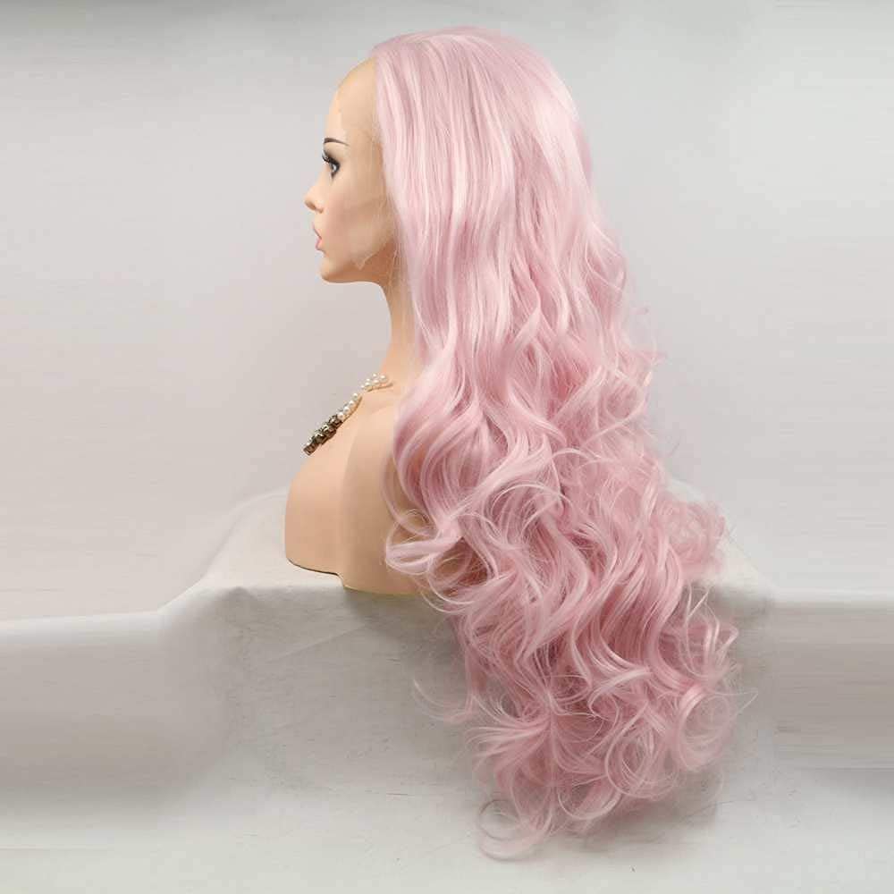 Xiweiya Long Wavy Pink Synthetic Lace Front Wig - Middle Part, Heat Resistant Fiber for Women Drag Queen - 24 Inch - Image 3