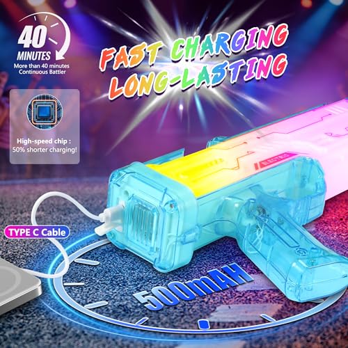 Electric Water Gun for Kids Adults, Automatic Squirt Gun Soaker with Spray Sound and Led Lights, Rechargeable Battery Water Blaster Up to 25 FT Range, Summer Outdoor Toys for Beach Pool Game — view 3