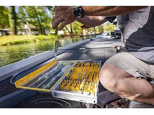 Image of Plano Edge 3700 Vertical Jig & Spybait Box Tackle Storage, Gray and Yellow, Holds Up to 52 Vertical Baits, Rust-Resistant and Waterproof Bait Organizer Box