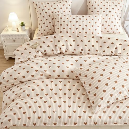 Image of Nayoroom Brown Heart Striped Duvet Cover Queen Size Girls Cute Aesthetic Dorm Bedding Set 3 Pieces Soft Lightweight Microfiber Farmhouse Duvet Cover