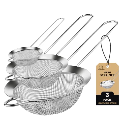 NileHome 3 Piece Mesh Strainers Stainless Steel Strainer for Sifting Straining Cooking Kitchen Strainers Fine Mesh for Flour Pasta Loose Tea Fruit and Rice Silver(2.8+4.6+6.3)