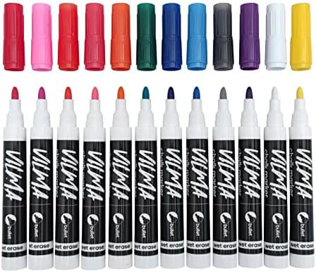 VILMA Liquid Chalk Markers Window Markers for Cars Glass pens Wet Erase Markers Washable Blackboard Markers for Car Window, Mirrors,Signs,Crafts, 2MM Tip 12 Pack,12 Colors